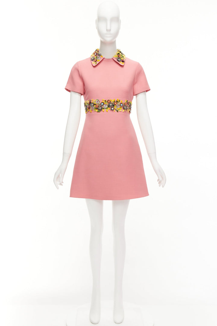 VALENTINO pink yellow multicolor beads embroidered collar belt shift dress