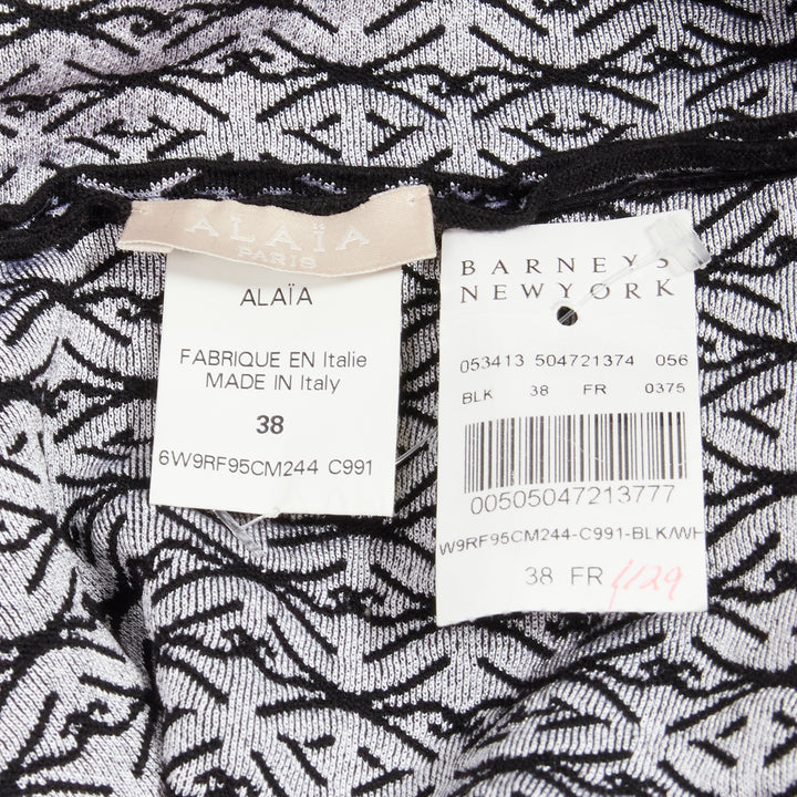 ALAIA black white wool jacquard square neck flared hem cocktail dress FR38 M