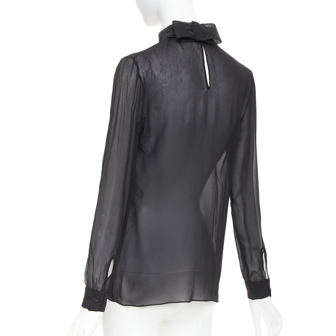 VALENTINO black silk georgette sheer draped high collar ruched blouse top UK6 XS