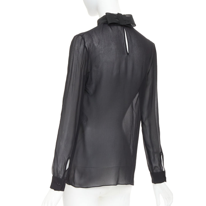 VALENTINO black silk georgette sheer draped high collar ruched blouse top UK6 XS