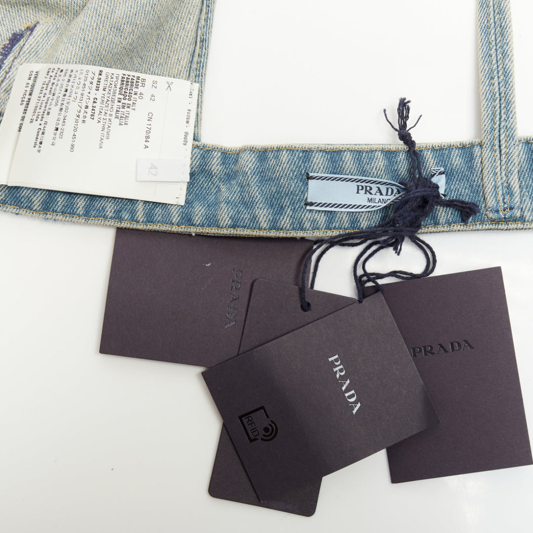 PRADA blue denim triangle logo seal plaque bra top IT42 M