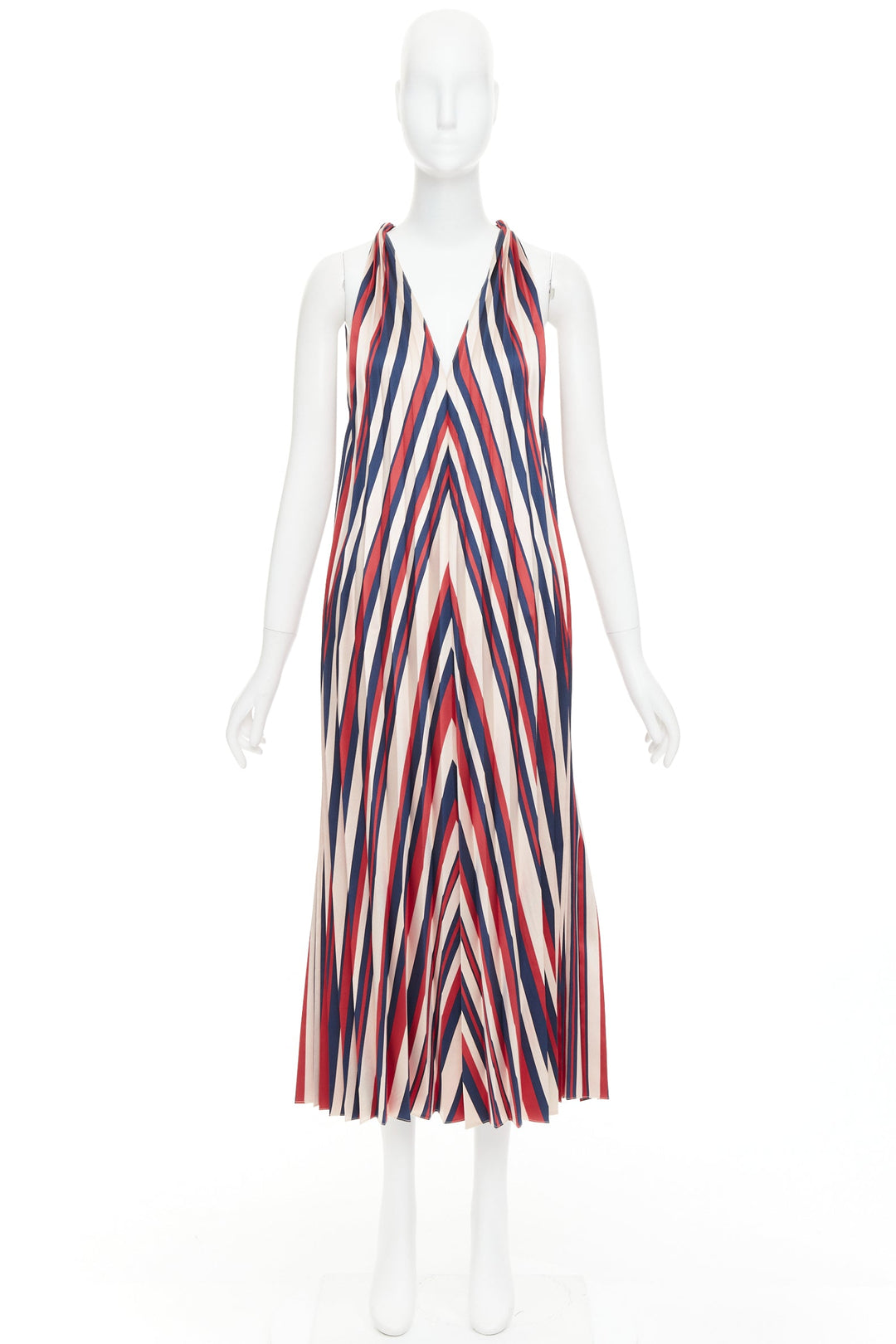 TOME beige red navy chevron print pleated V neck black trim midi dress S