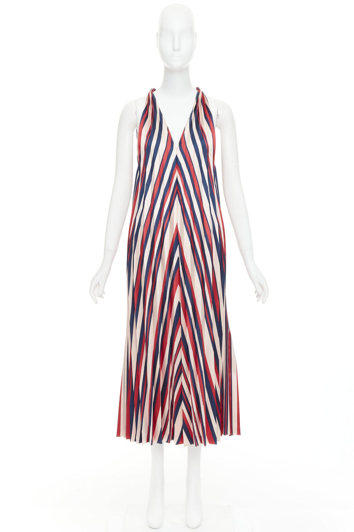 TOME beige red navy chevron print pleated V neck black trim midi dress S