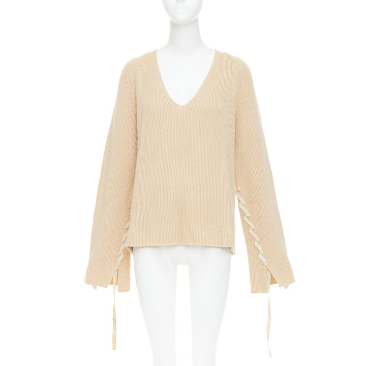 HELMUT LANG beige wool cashmere lace up sleeves relaxed oversized sweater M