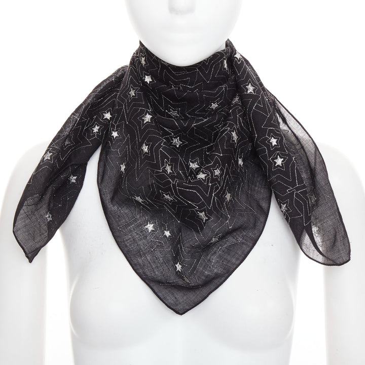 SAINT LAURENT black silver star embroidery lightweight square scarf