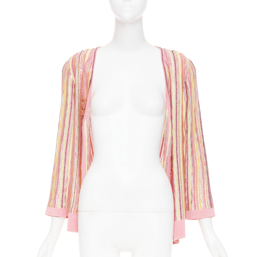 ESCADA vintage pink multi stripe sequin beaded v neck knit cardigan top FR42 XL