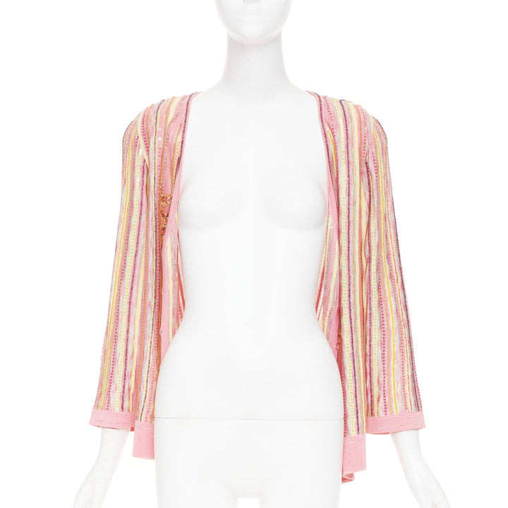 ESCADA vintage pink multi stripe sequin beaded v neck knit cardigan top FR42 XL