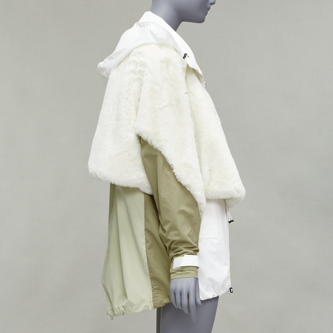 TOGA PULLA white nylon cream faux fur layered deconstructed parka jacket FR36 S