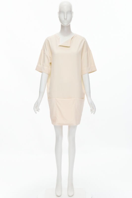 THE ROW ivory cream triple pocket asymmetric collar boxy silk dress US0 XS