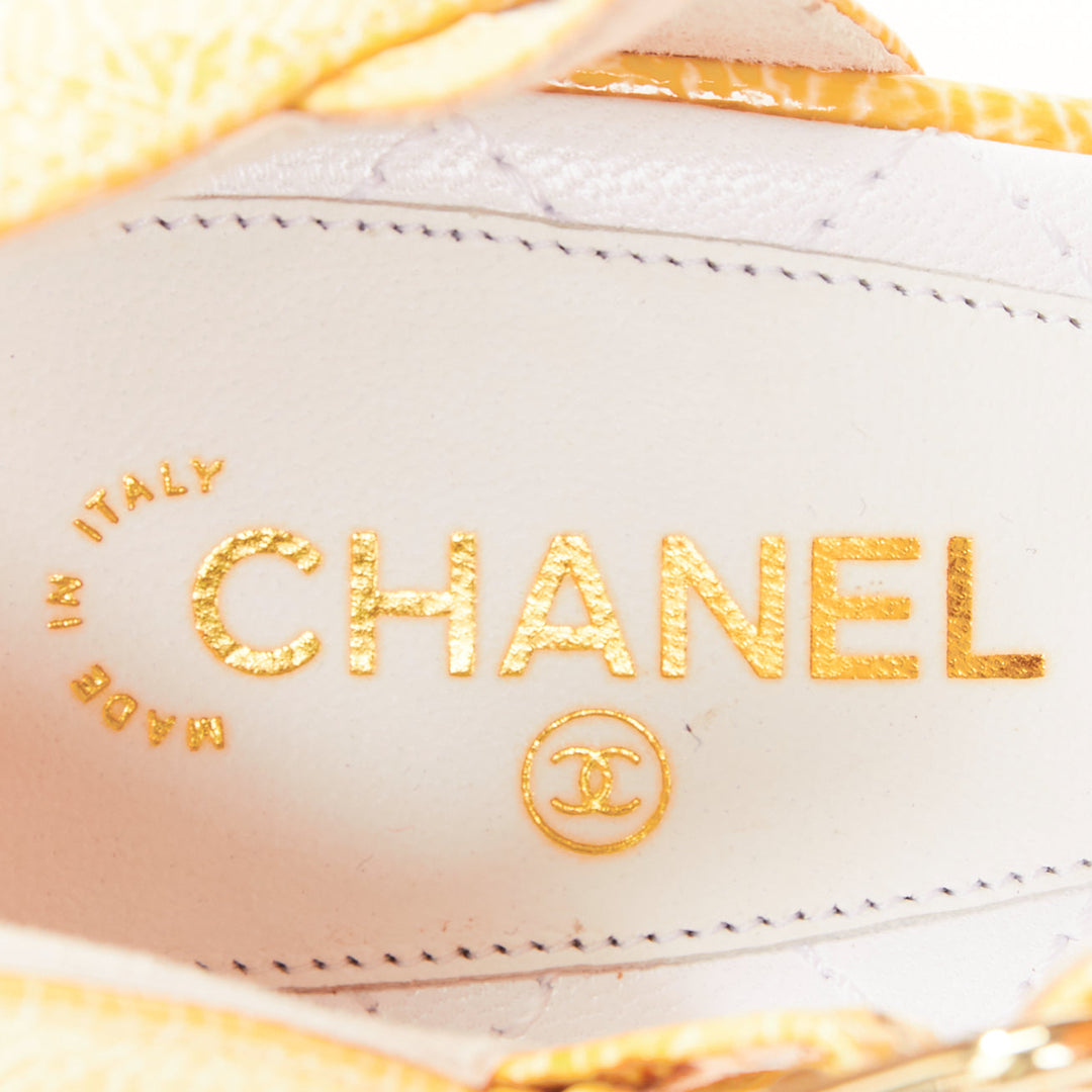 CHANEL 14C butter yellow patent leather CC logo bow maryjane pumps EU37.5
