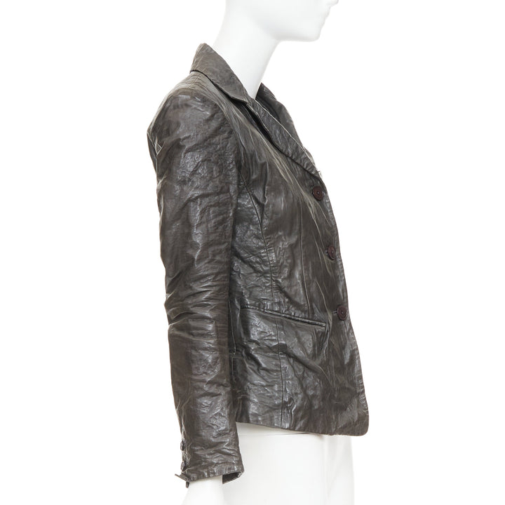 DONNA KARAN dark taupe crinkled lambskin leather blazer jacket IT38 XS