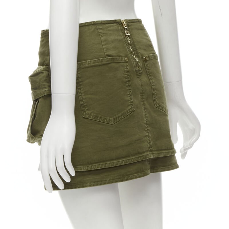 BALMAIN gold tone horsebit buckle green distressed cargo mini skirt FR34 XS