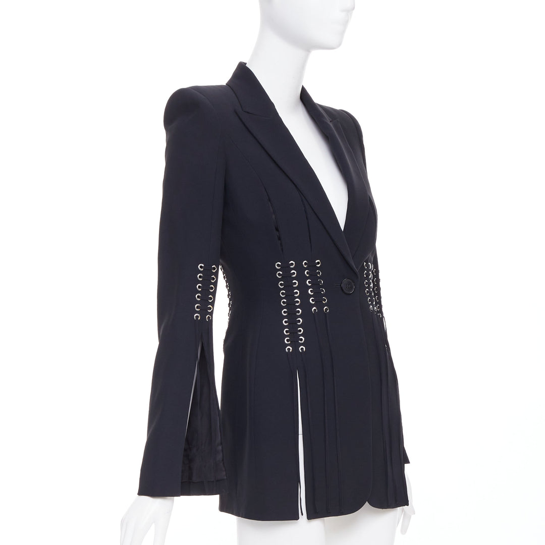 ALEXANDER MCQUEEN 2018 black eyelet lacing detail fitted blazer IT38 XS