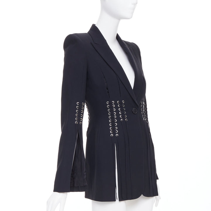 ALEXANDER MCQUEEN 2018 black eyelet lacing detail fitted blazer IT38 XS