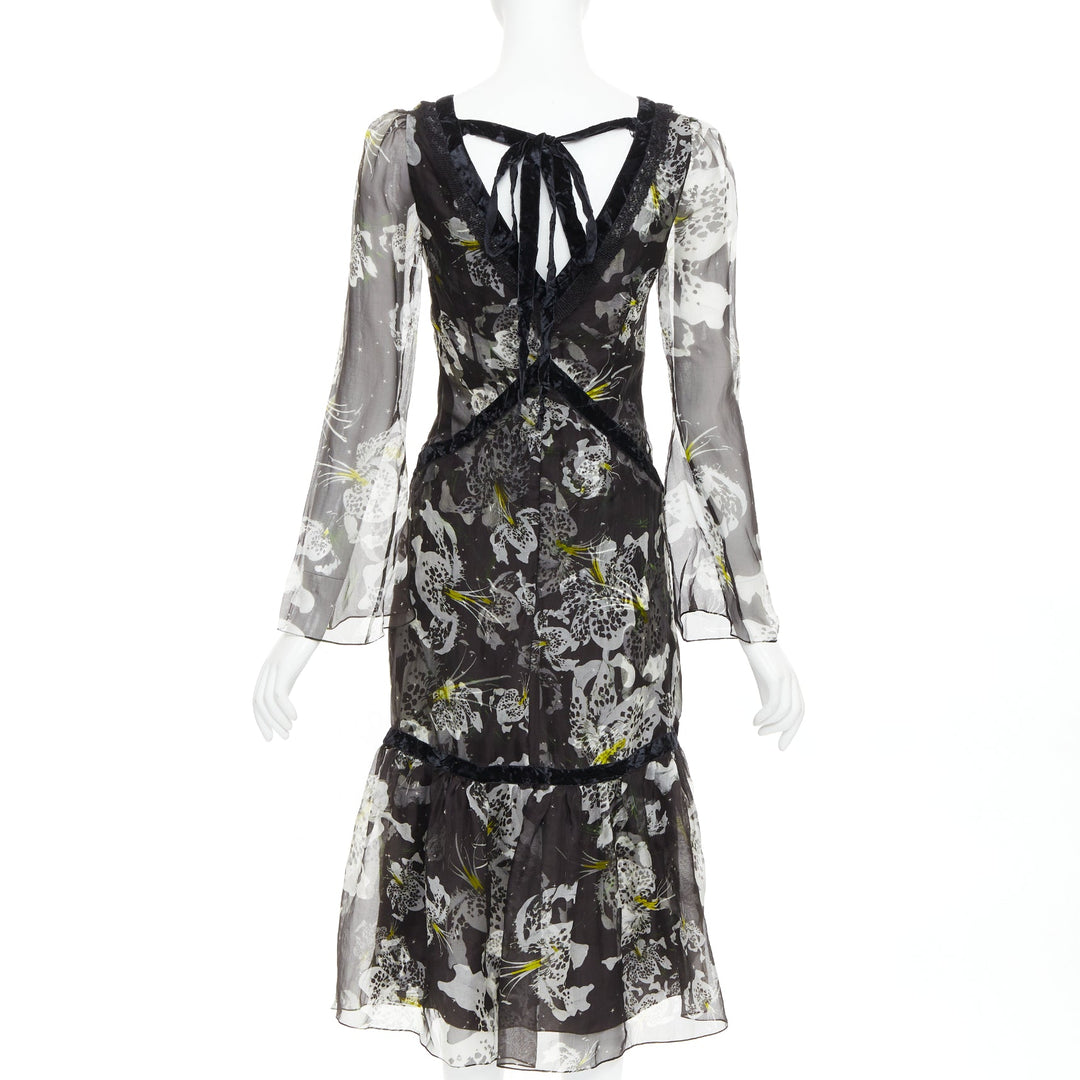 ERDEM 2016 Makayla black grey 100% silk floral back cut out  dress UK6 XS