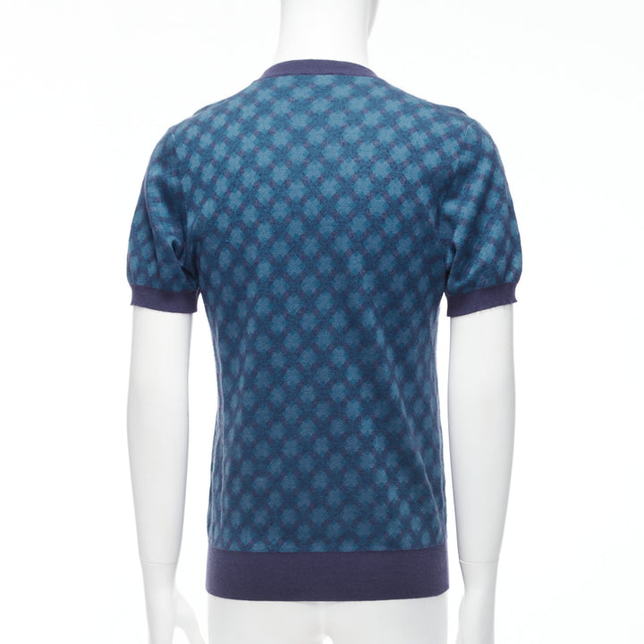 BRIONI silk cashmere blue navy diagonal check short sleeve sweater IT50 L