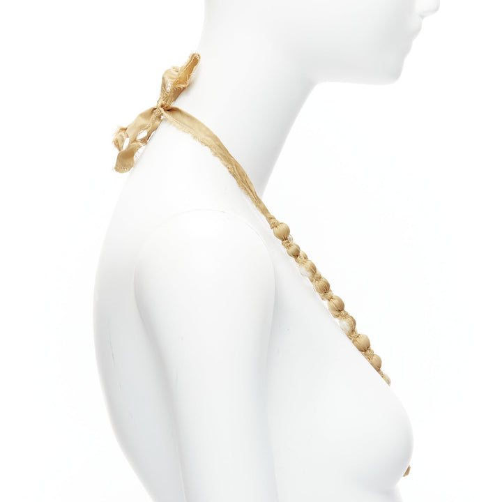 LANVIN ALBER ELBAZ gold silk ribbon cream pearl wrap long necklace