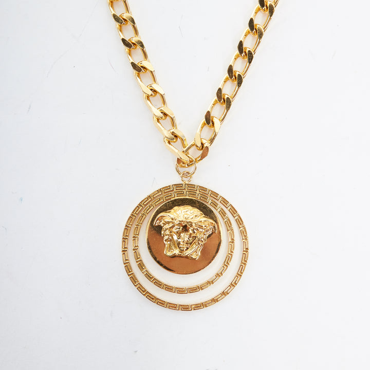 VERSACE gold tone nickel Medusa halo medallion coin chunky long necklace
