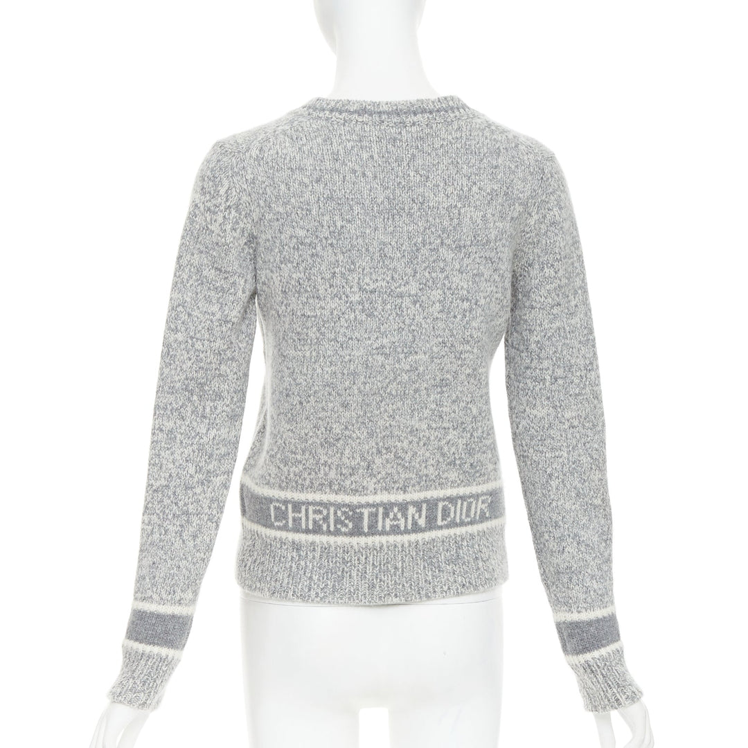 CHRISTIAN DIOR 100% cashmere light grey wool striped logo sweater FR34 XS