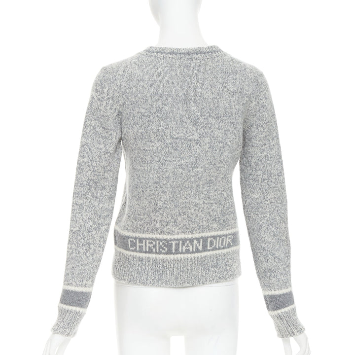 CHRISTIAN DIOR 100% cashmere light grey wool striped logo sweater FR34 XS