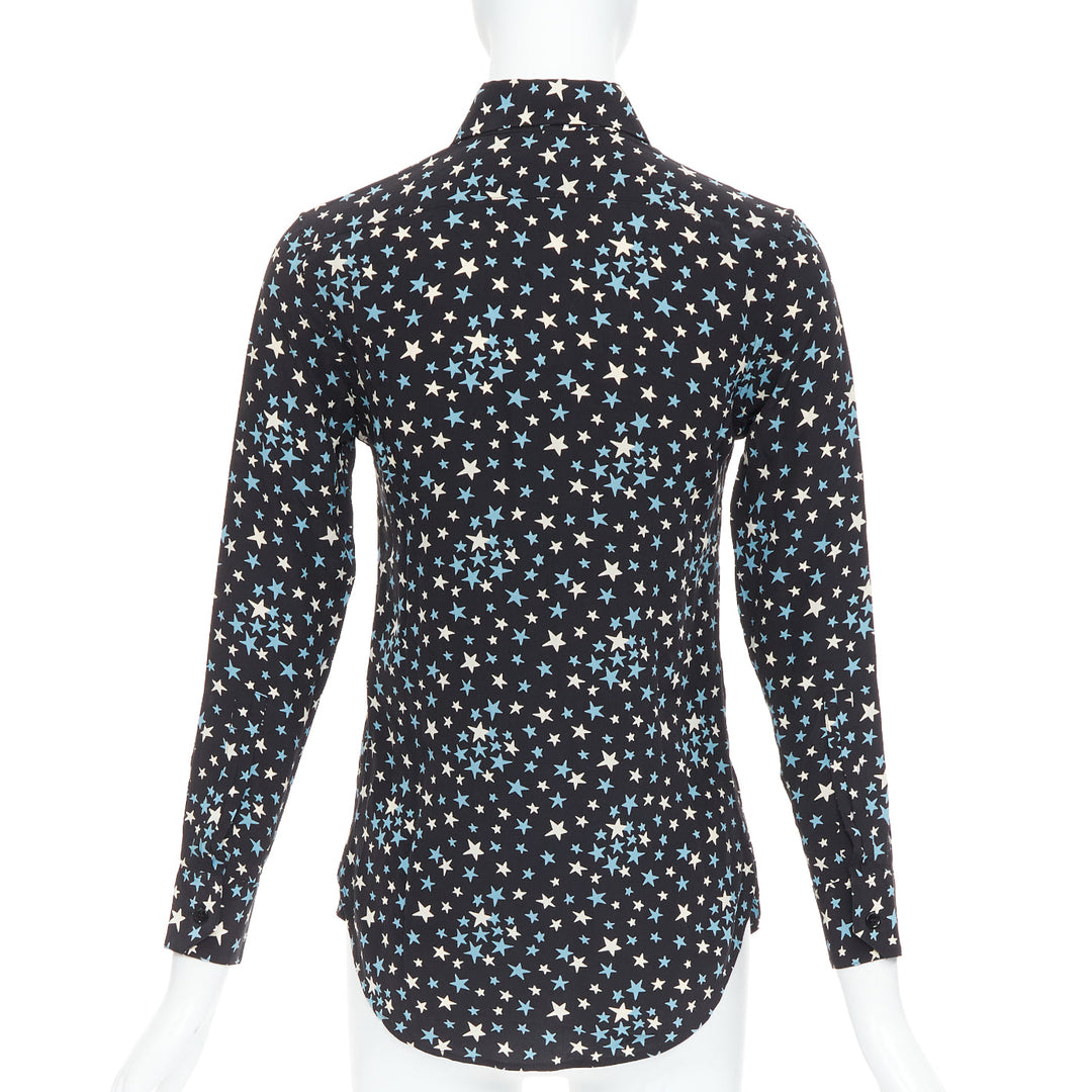 SAINT LAURENT 2016 100% silk blue black white star print shirt FR34 XS