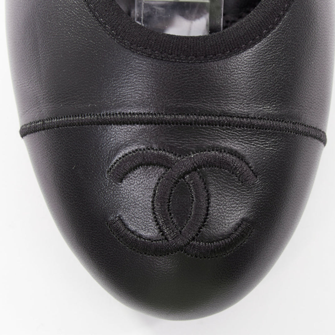CHANEL 2024 black soft lambskin leather stitched CC cap toe mary jane flats EU39