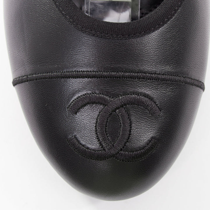 CHANEL 2024 black soft lambskin leather stitched CC cap toe mary jane flats EU39