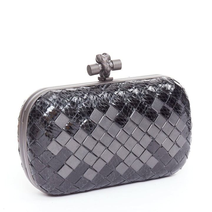 BOTTEGA VENETA Mosaique Box Knot ayers leather intrecciato woven metal clutch