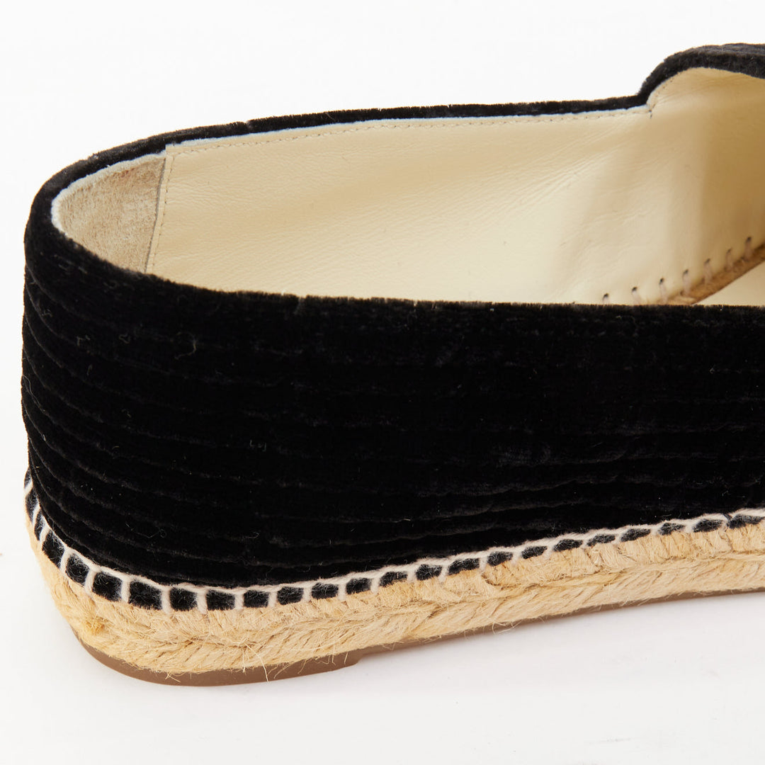 CHANEL black velvet grosgrain CC logo cap toe slip on flat espadrilles EU39