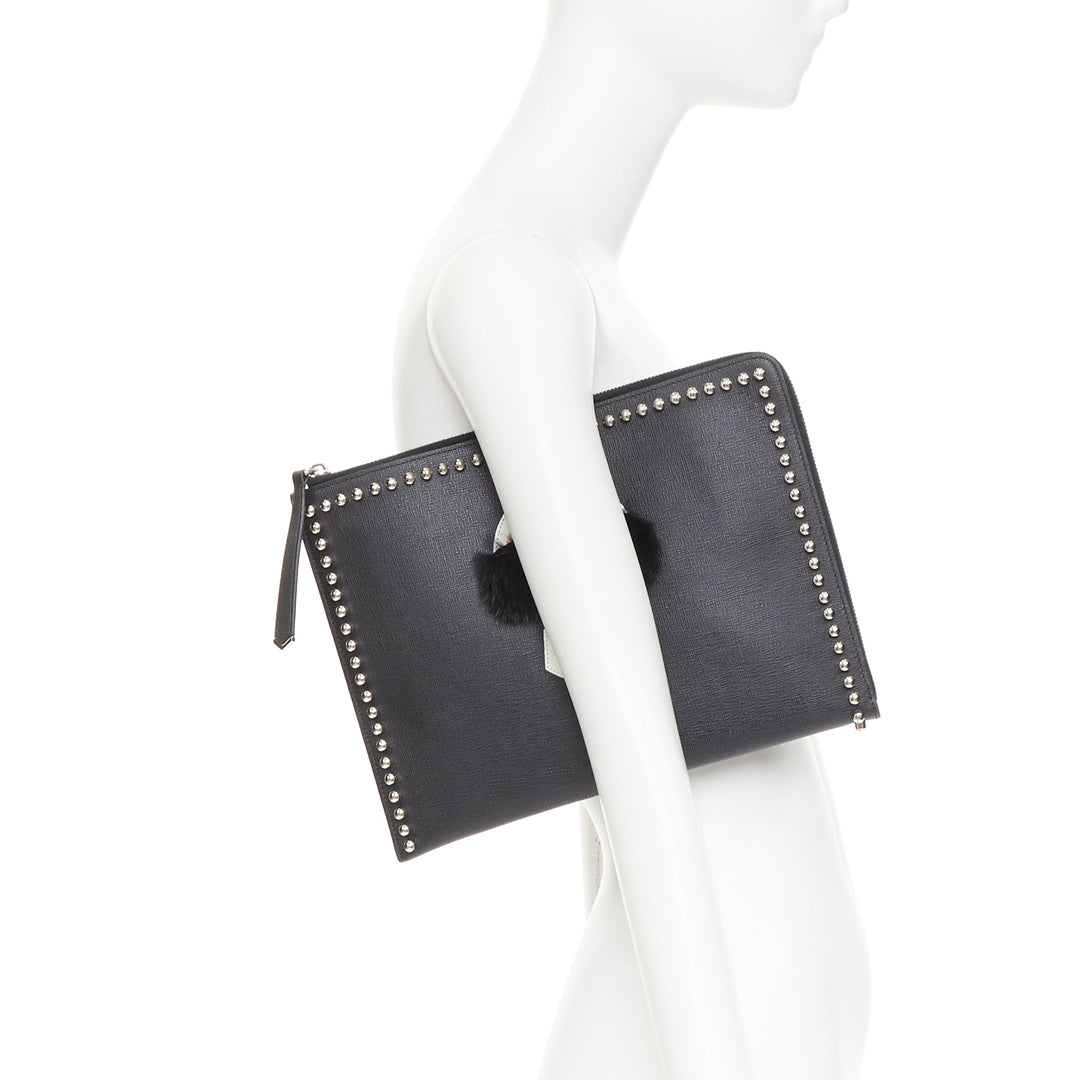 FENDI Karlito black mink fur white leather studded saffiano portfolio clutch bag