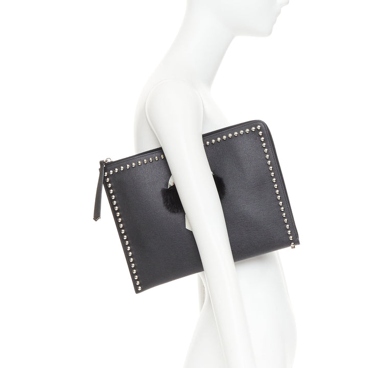 FENDI Karlito black mink fur white leather studded saffiano portfolio clutch bag