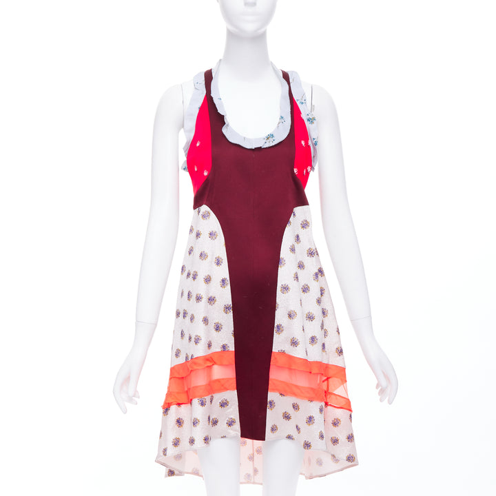 VALENTINO red grey acetate silk floral print block ruffle dress IT40 S
