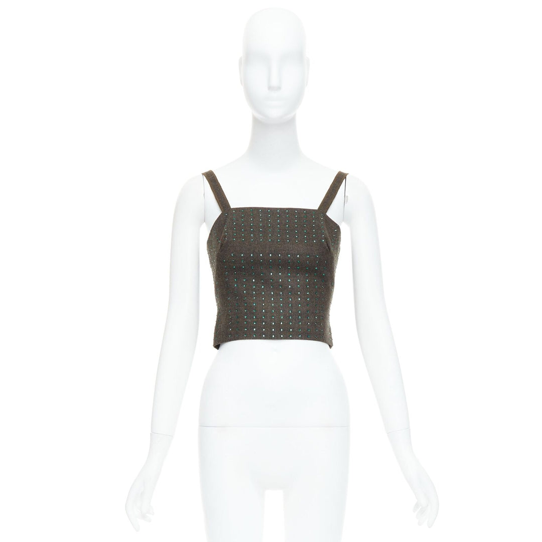 MIU MIU Vintage 1998 Runway fleece wool green crystal bustier top IT38 XS