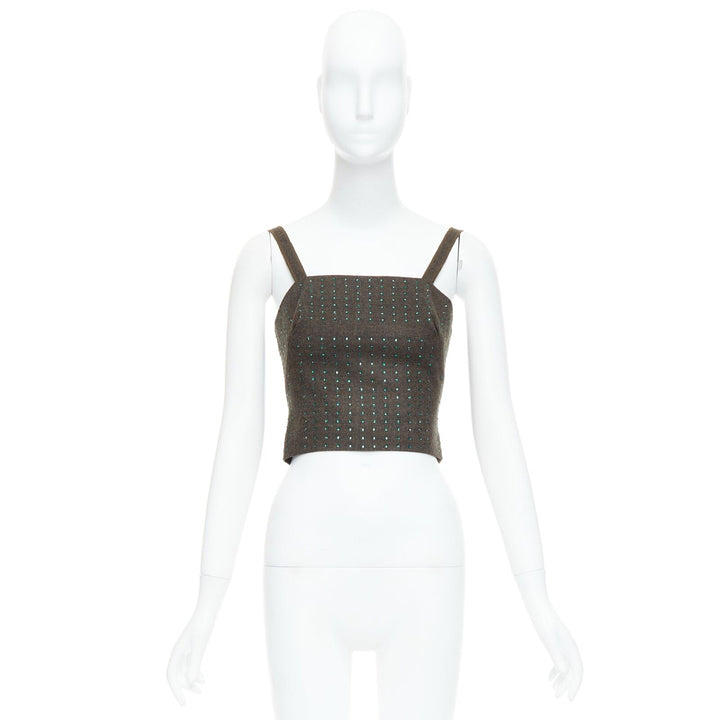 MIU MIU Vintage 1998 Runway fleece wool green crystal bustier top IT38 XS