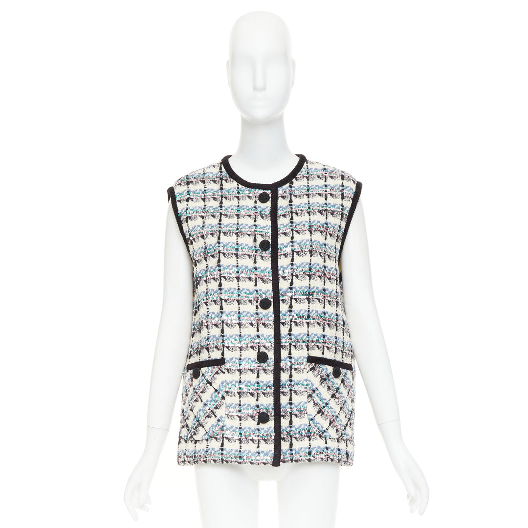 VALENTINO 2024 Mossi cream blue rose multicolour sequin tweed gilet vest  IT42 M