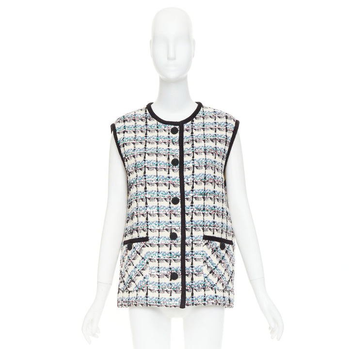 VALENTINO 2024 Mossi cream blue rose multicolour sequin tweed gilet vest  IT42 M