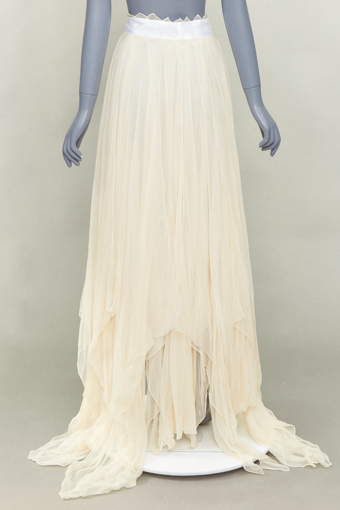 JEAN PAUL KNOTT cream hand-rolled pure chiffon silk white ribbon wrap skirt