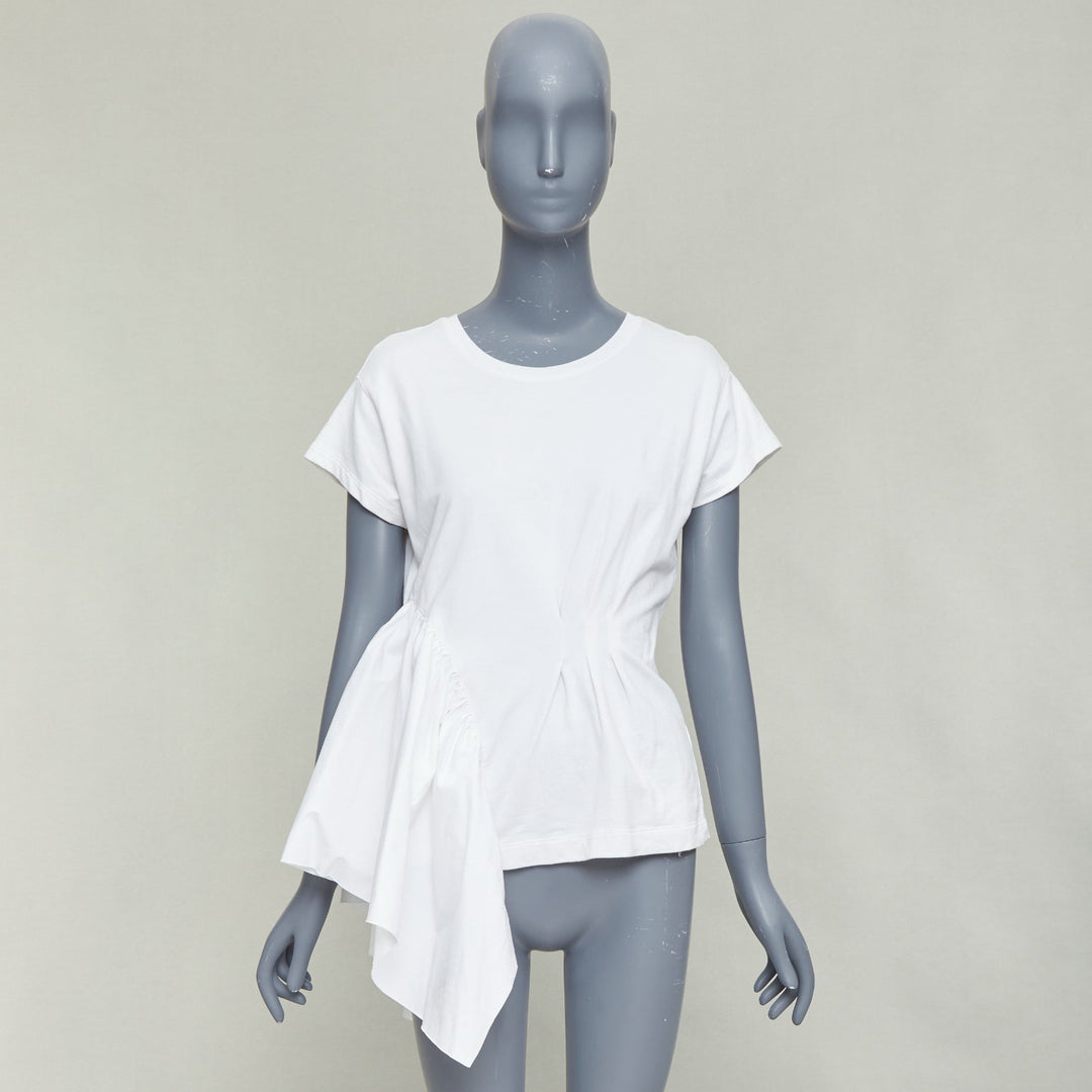 DRIES VAN NOTEN white cotton ruffle side ribbed neck fitted tshirt XS