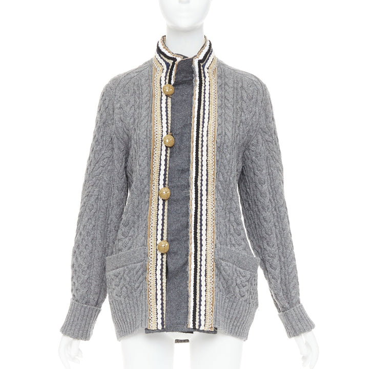 SACAI 2017 grey wool metallic military baroque trim cable knit cardigan JP1 S