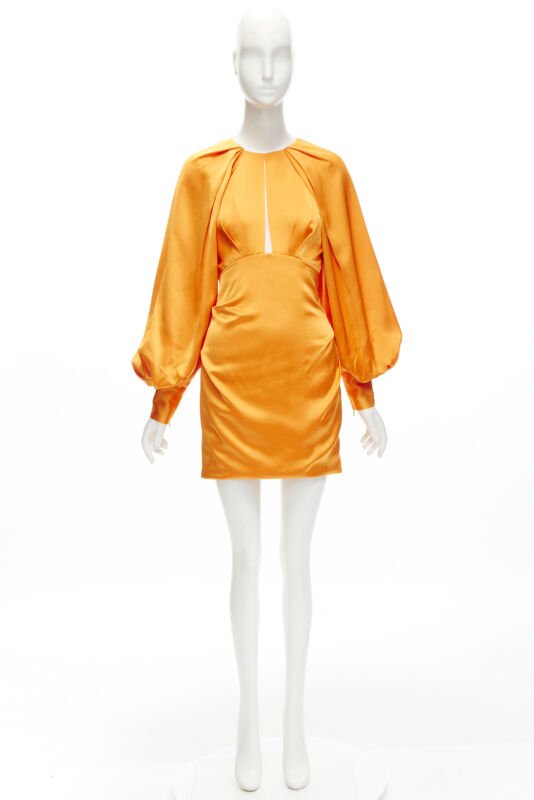 ACLER bright orange silky keyhole draped raglan puff sleeves mini dress US2 XS