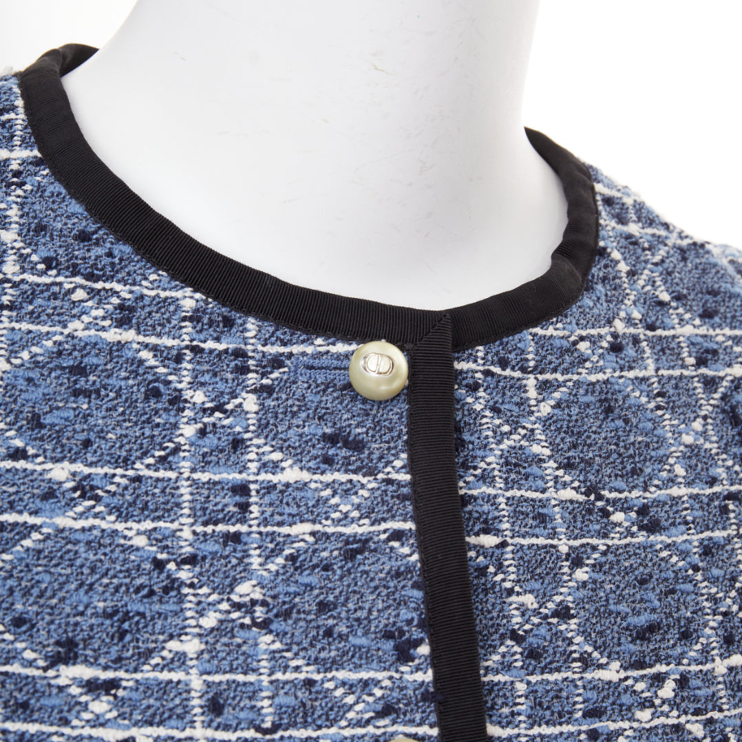 DIOR Macrocannage Technical Cotton Tweed blue white pearl button jacket FR34 XS