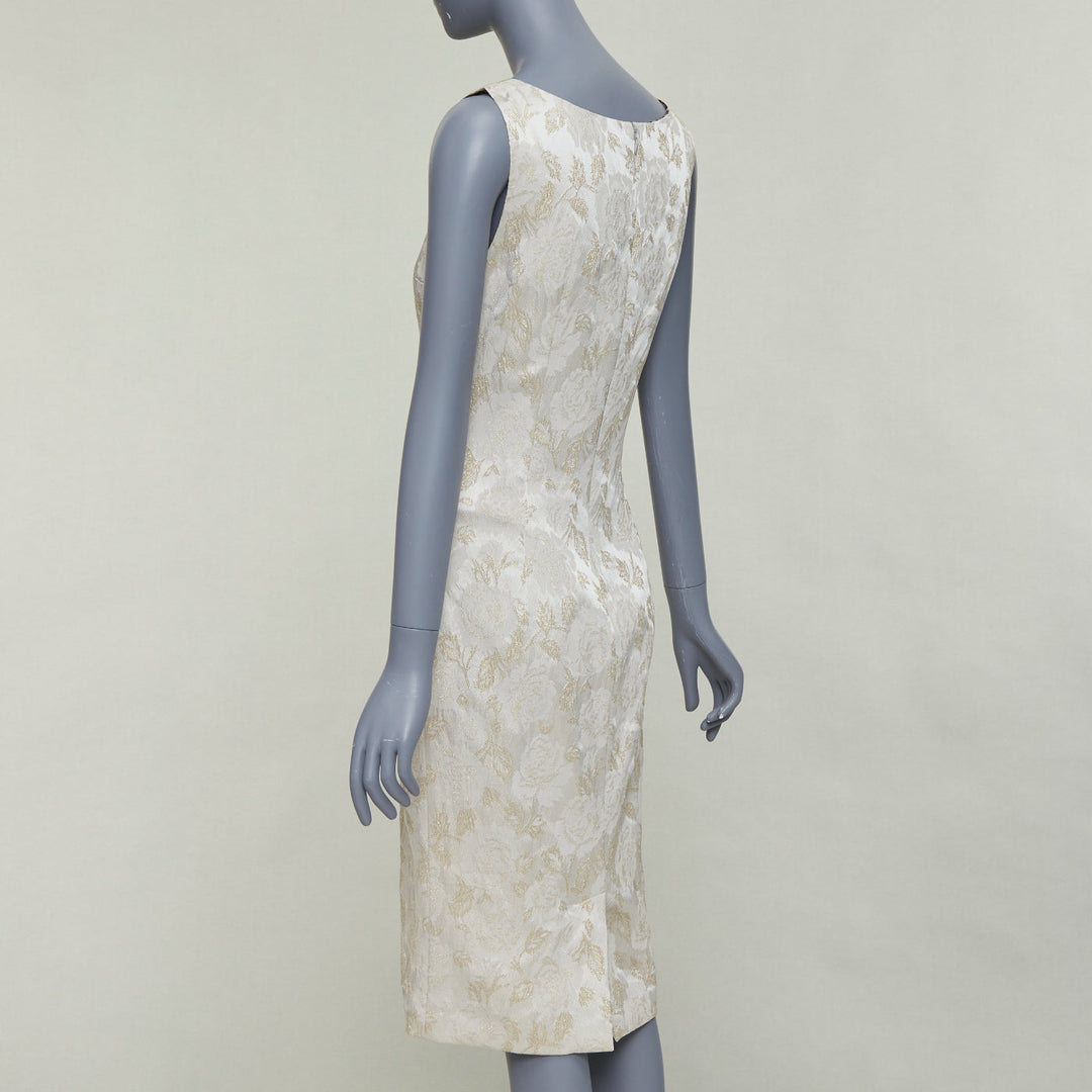 DOLCE GABBANA grey gold floral lurex jacquard bateau neck sheath dress IT42 M