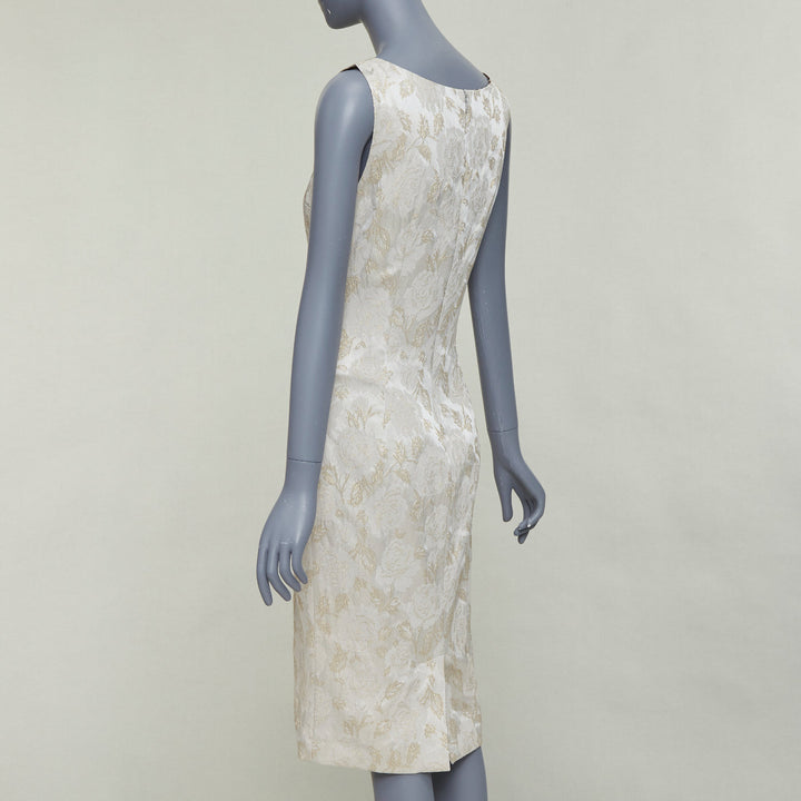DOLCE GABBANA grey gold floral lurex jacquard bateau neck sheath dress IT42 M