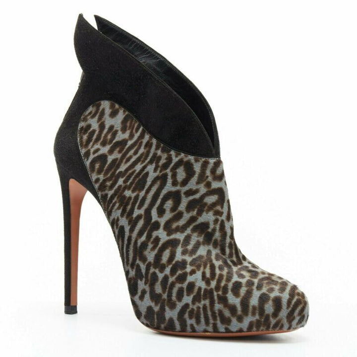 ALAIA blue black leopard print calf hair suede angular wing back bootie EU39.5