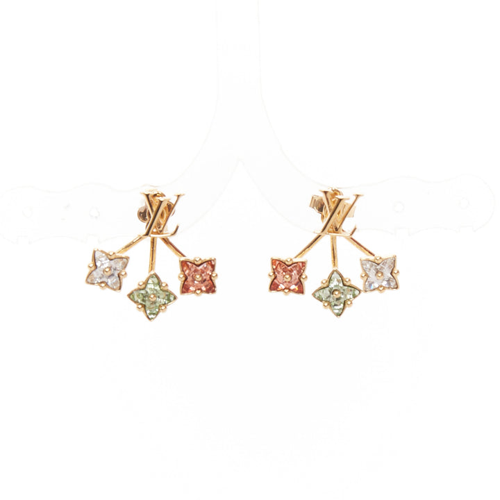 LOUIS VUITTON Loulougram gold tone green pink floral crystal pin earring Pair
