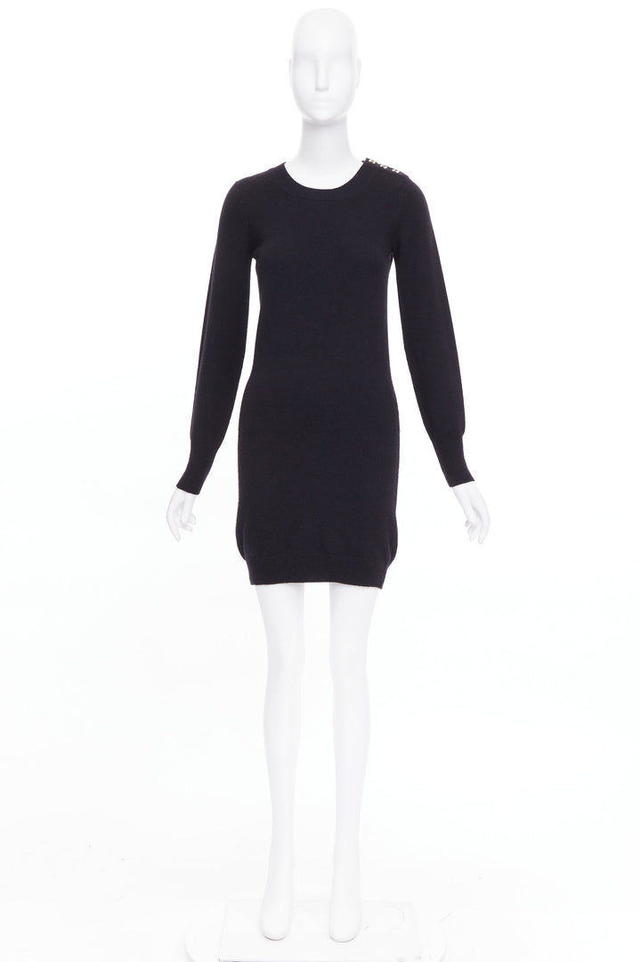 CHANEL 100% cashmere black gold CC logo turnlock shoulder sweater dress FR34 XS