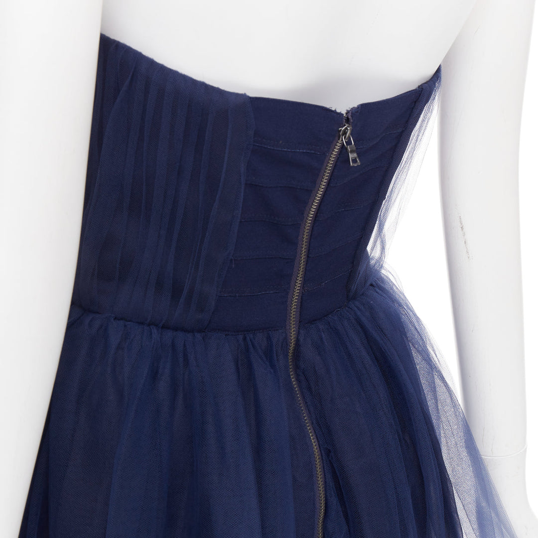 ALICE OLIVIA Landi Gathered navy tulle sheer overlay silk trimmed babydoll dress
