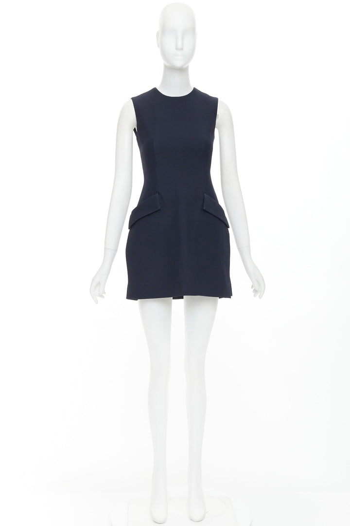 DIOR navy wool silk flap pocket darted slit sided sleeveless Aline dress FR34 XS