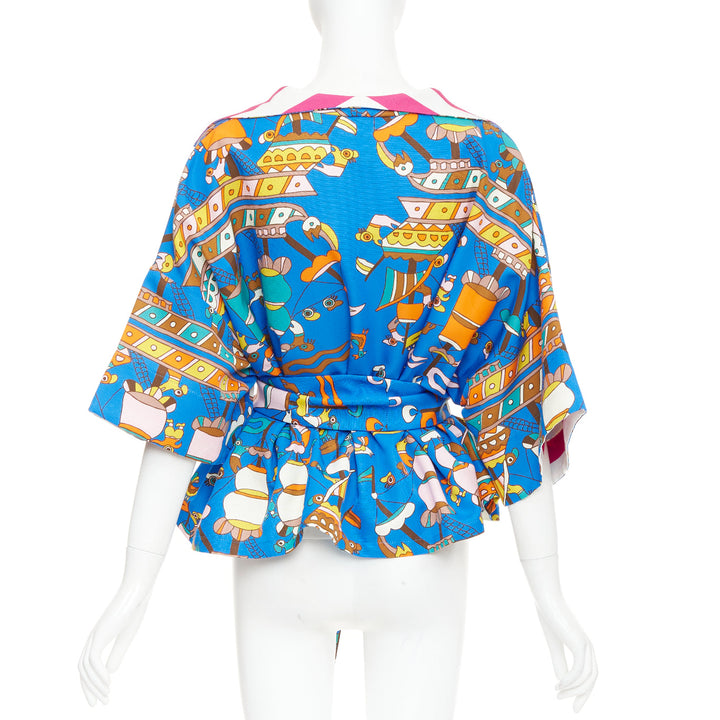 RIANNA + NINA Greek blue cotton cartoon print striped belted Kimono blouse M