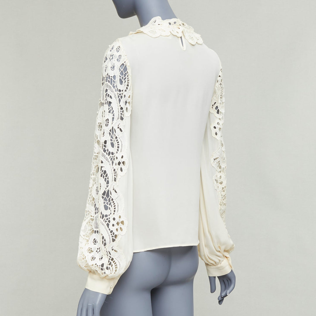 OSCAR DE LA RENTA cream 100% silk floral lace appliqu‚àö¬© peasant blouse US2 S